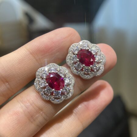 Cultured Oval Ruby with Moissanite Diamonds Earrings