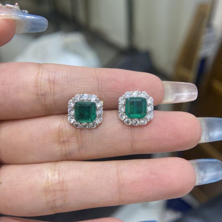 Cultured Square Emerald with Moissanite Diamonds Earrings