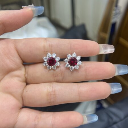 Cultured Round Ruby with Moissanite Diamonds Flower Earrings