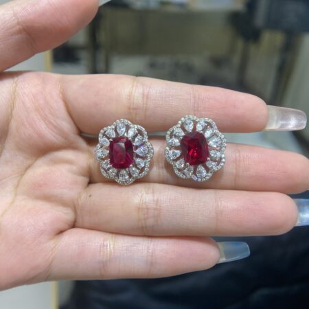 Cultured Baguette Ruby with Moissanite Diamonds Earrings
