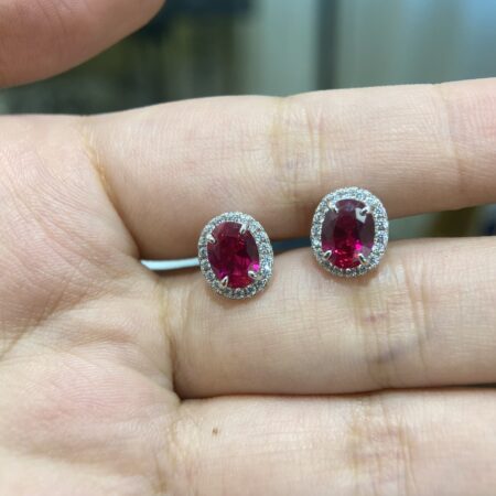 Cultured Oval Ruby with Moissanite Diamonds Earrings