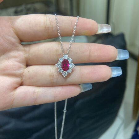 Cultured Oval Ruby with Moissanite Diamonds Necklace