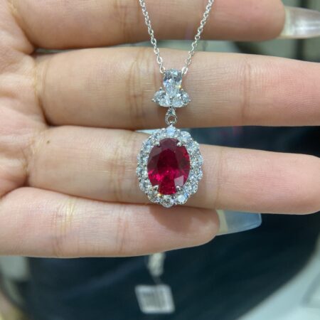 Cultured Oval Ruby with Moissanite Diamonds Necklace