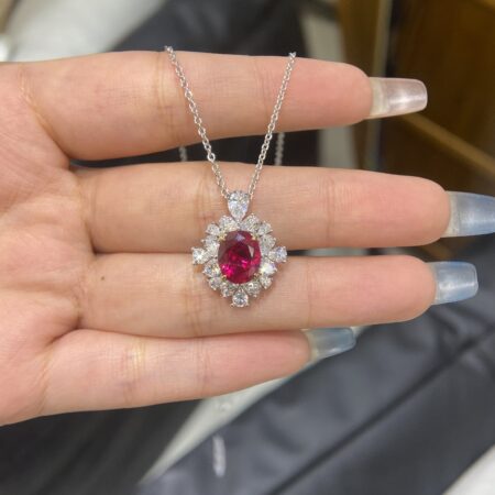 Cultured Oval Ruby with Moissanite Diamonds Necklace
