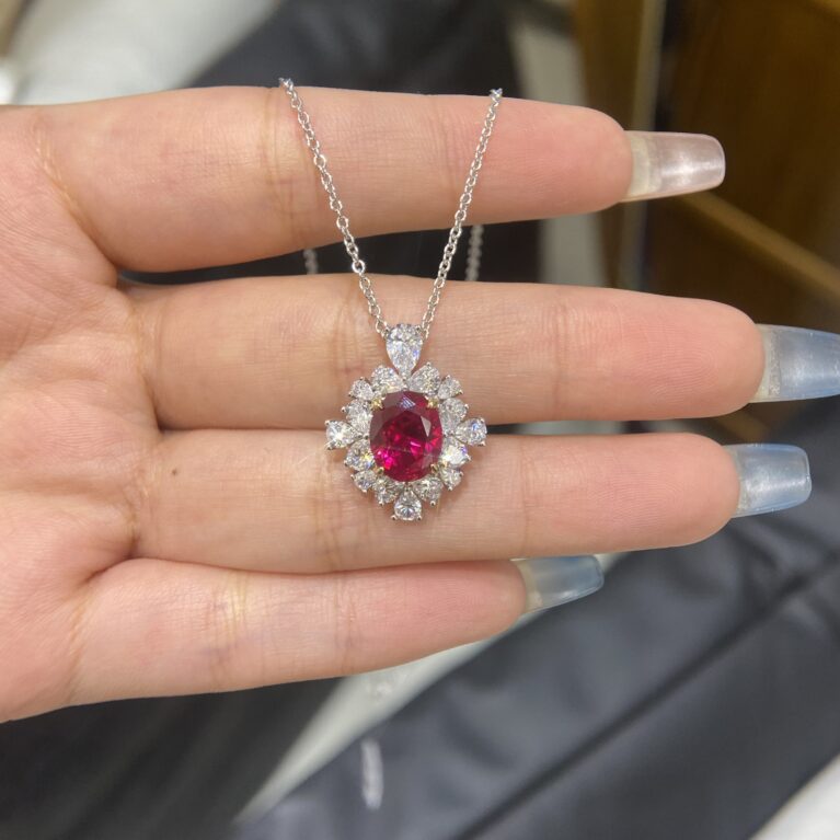 Cultured Oval Ruby with Moissanite Diamonds Necklace