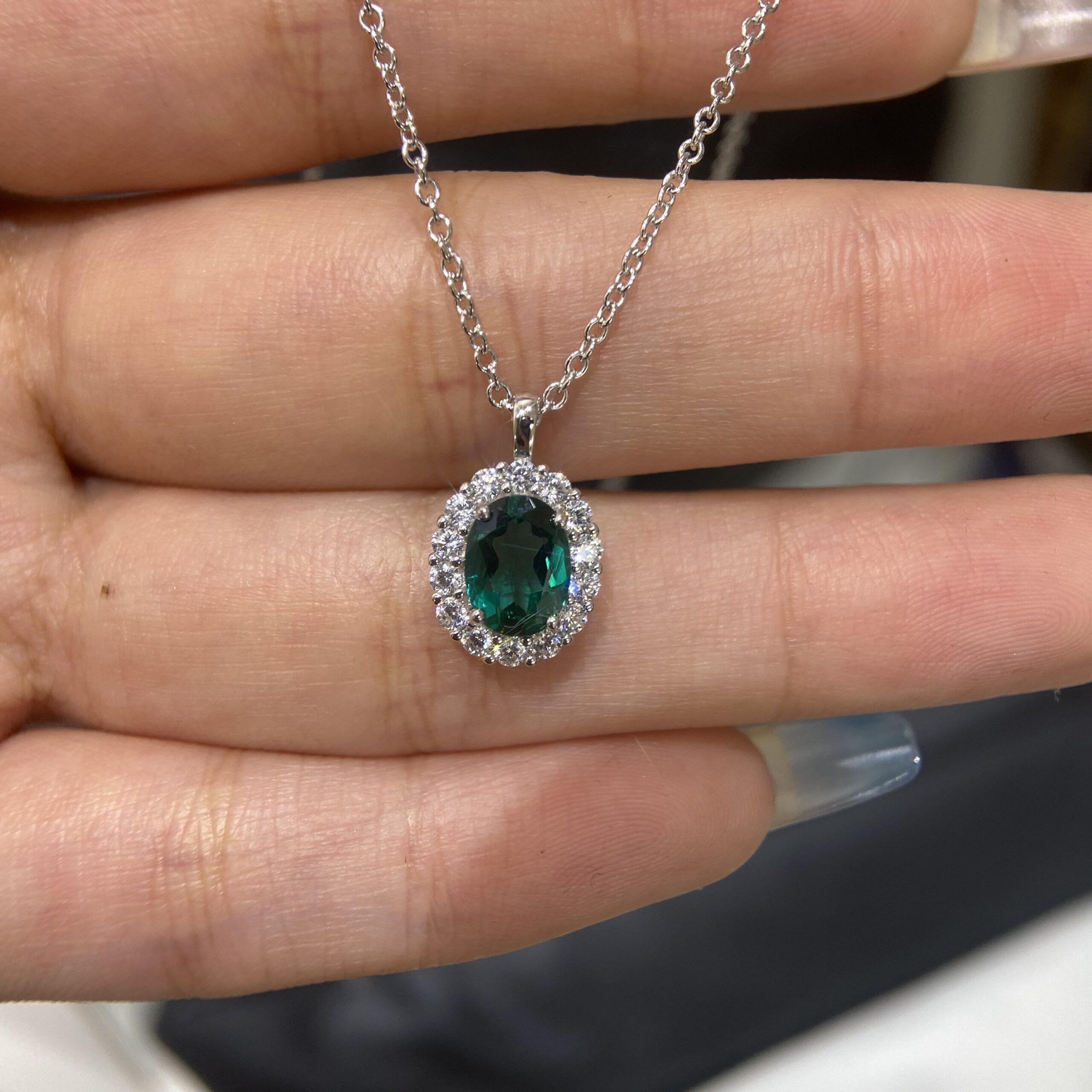 Cultured Oval Emerald with Moissanite Diamonds Necklace