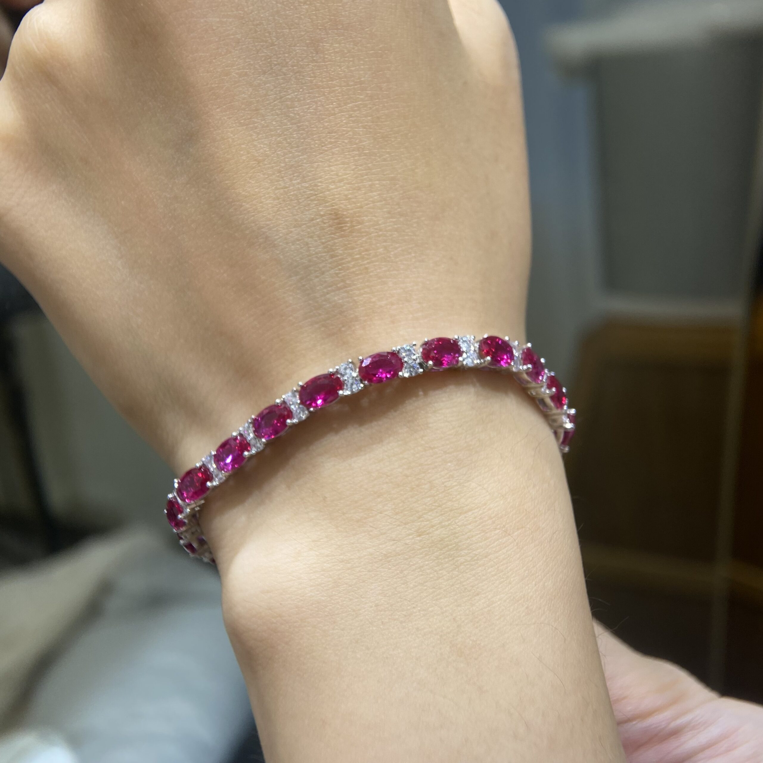 Cultured Oval Rubies with Moissanite Diamonds Bracelet